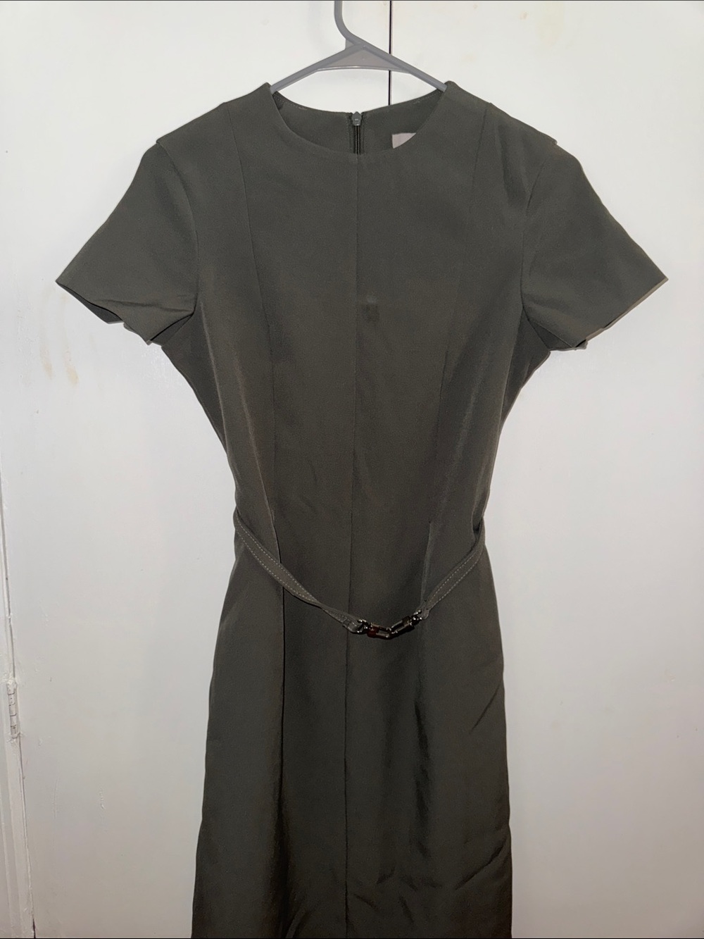H&M Olive Short-Sleeve Midi Sheath Dress with Waist Detail